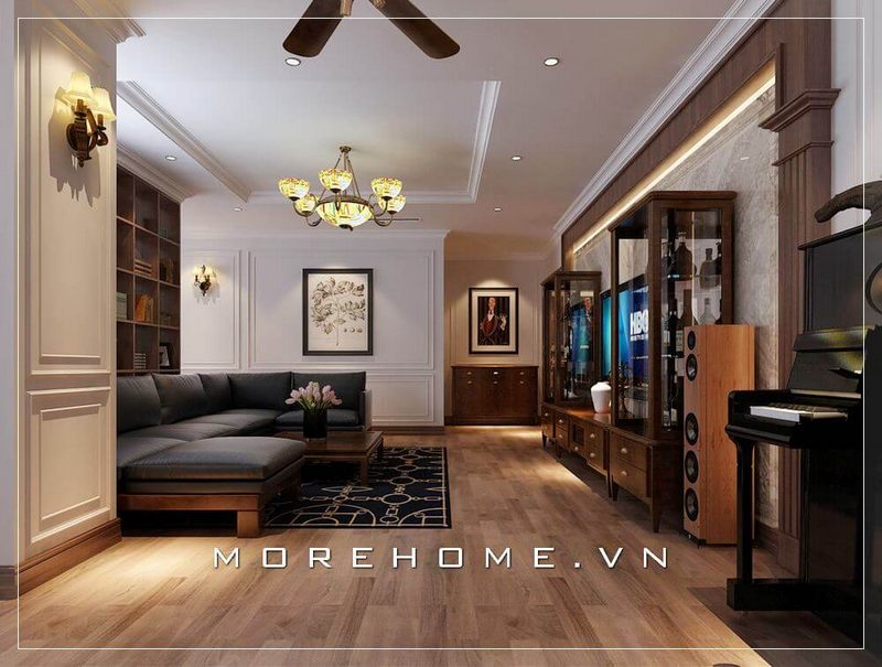 Sofa gỗ óc chó đẳng cấp với kiểu dáng góc hiện đại là lựa chọn tuyệt vời cho phòng khách căn hộ chung cư.